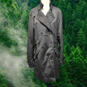 Black Double-Breasted Mid-Length Trench Coat L
